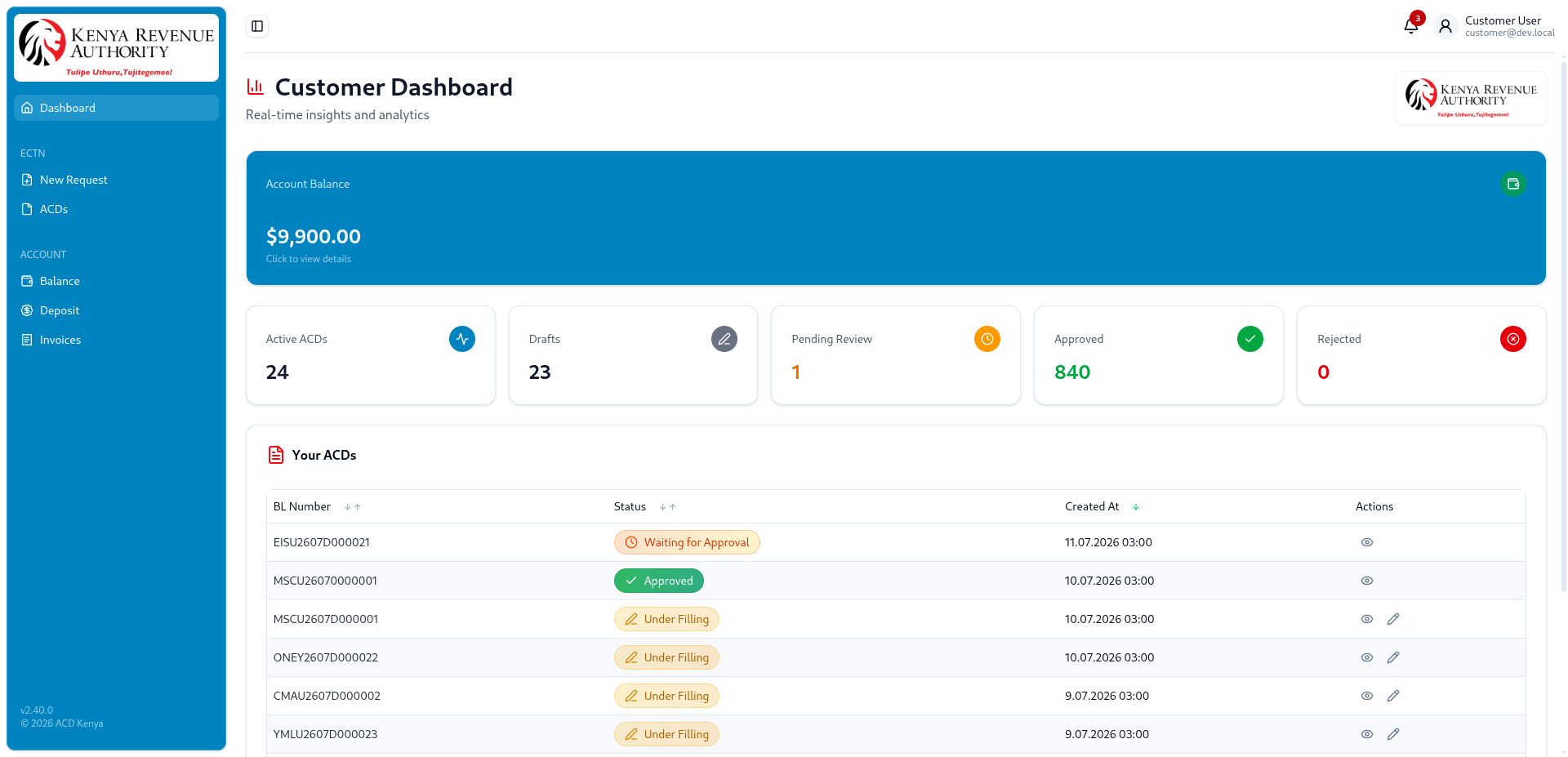 KRA ACD customer portal dashboard